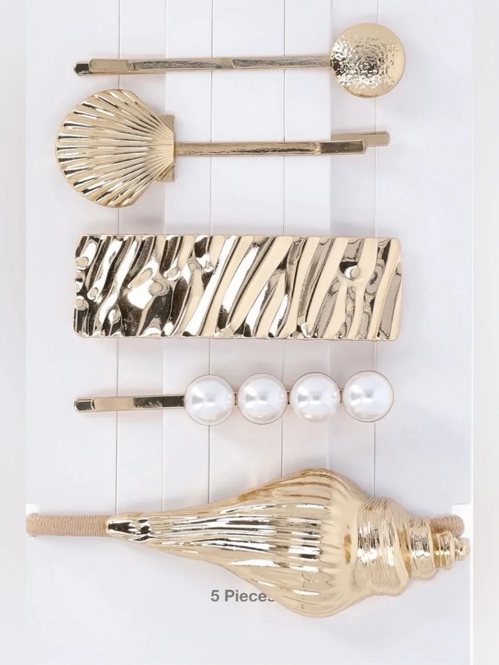 Gold Shell & Pearl Hair Clips and Hair Cuff Set, 5-Piece